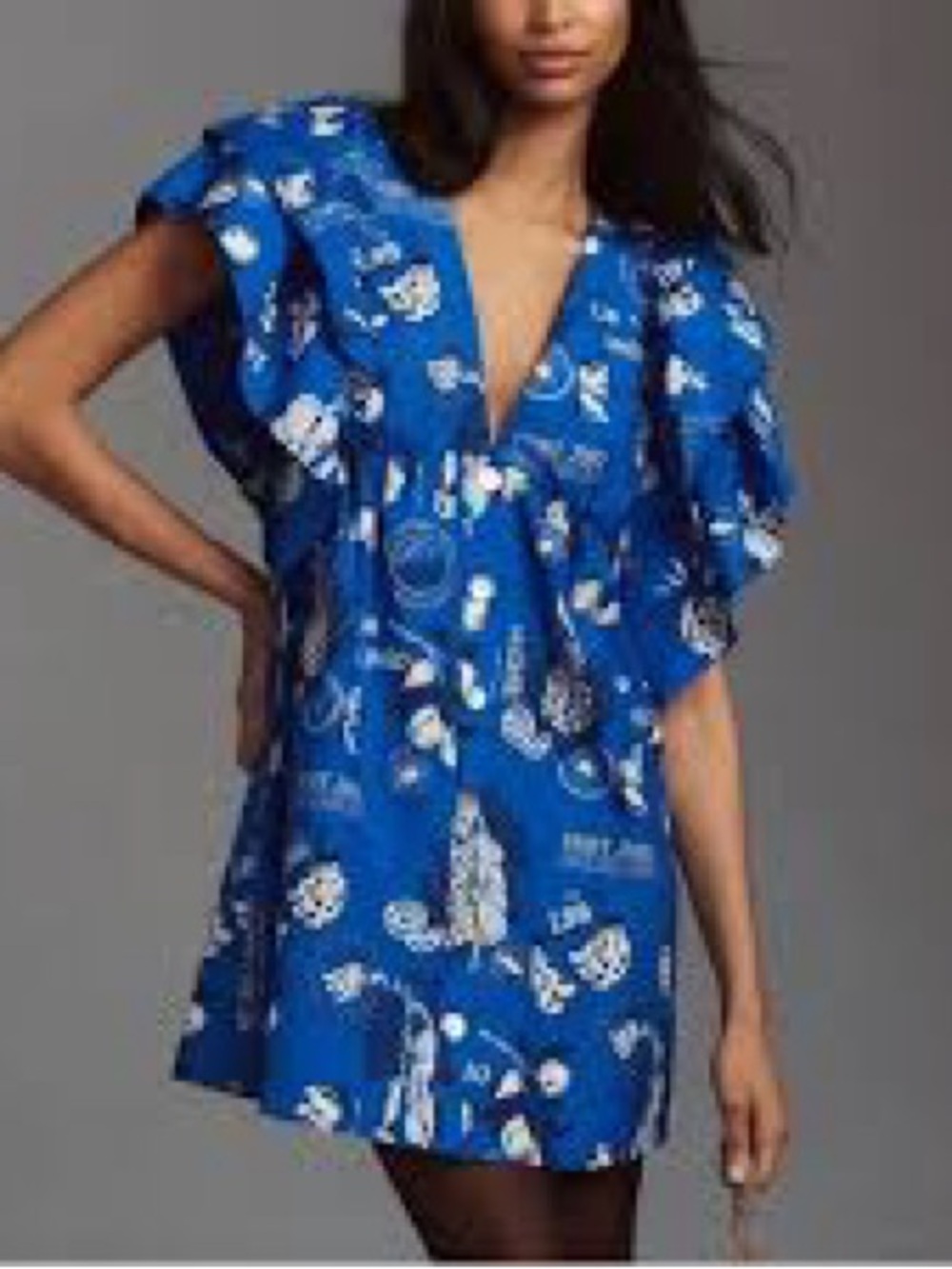 FARM Rio Blue Floral ruffle sleeve Dress size- large NWT